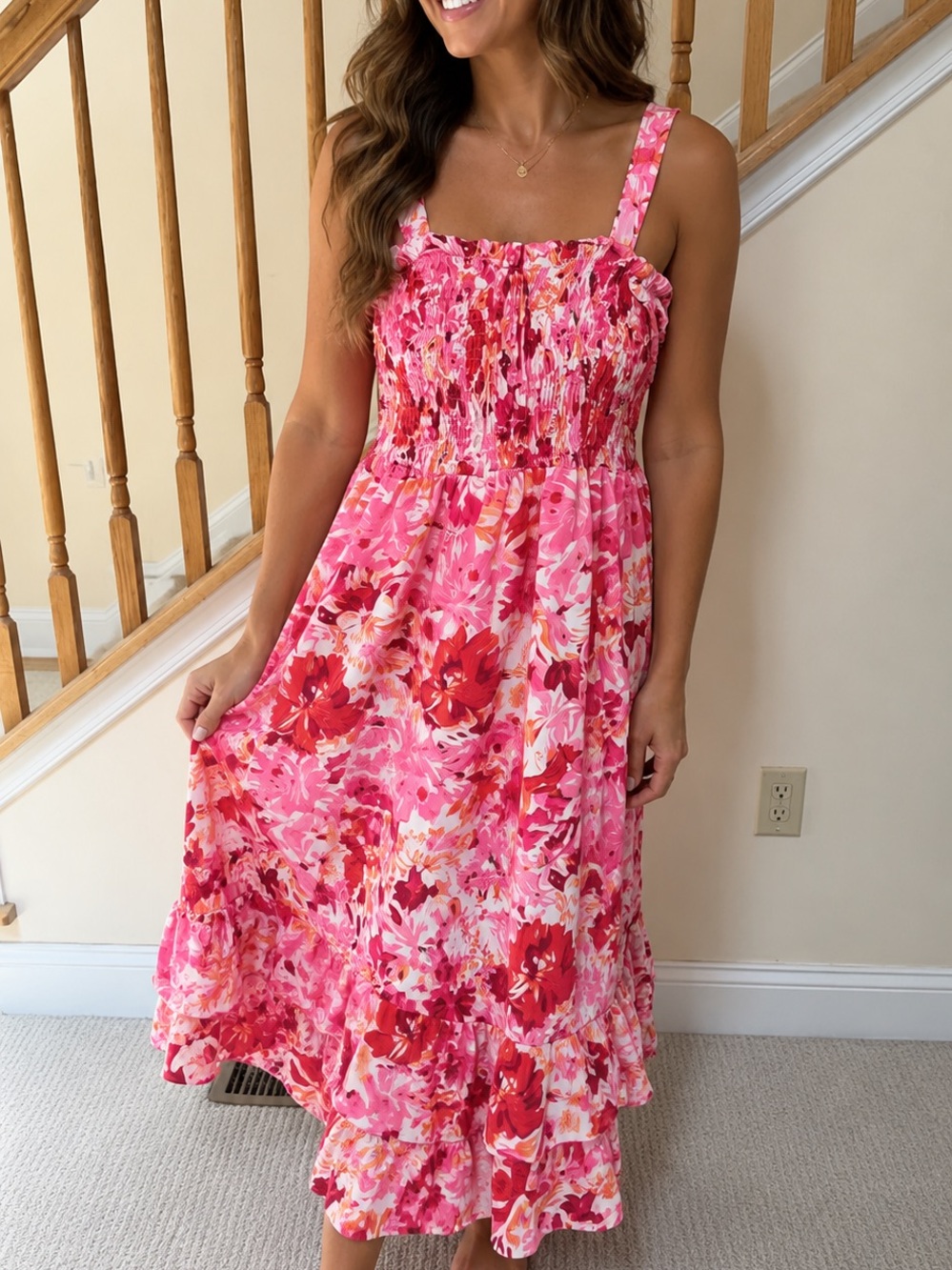Grace Karin Pink & Red Floral Smocked Maxi Dress